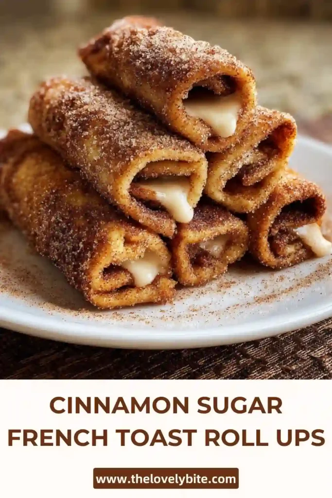 Golden cinnamon sugar French toast roll-ups served warm with powdered sugar and maple syrup on a breakfast plate. The crispy exterior and sweet cinnamon coating make them perfect for brunch.