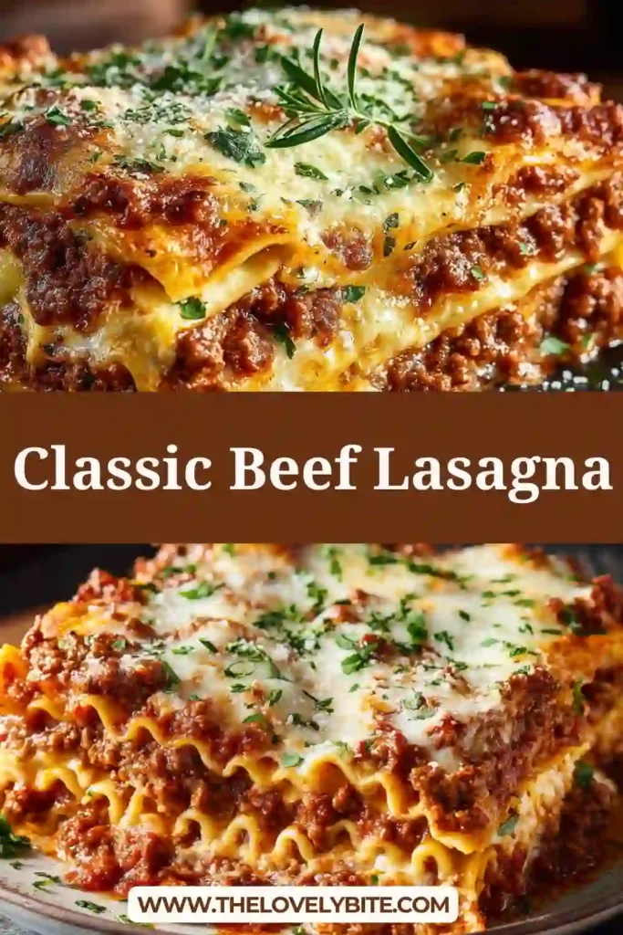 Best Classic Beef Lasagna Recipe baked in a casserole dish with layers of rich beef tomato sauce, creamy ricotta filling, and melted golden mozzarella cheese.