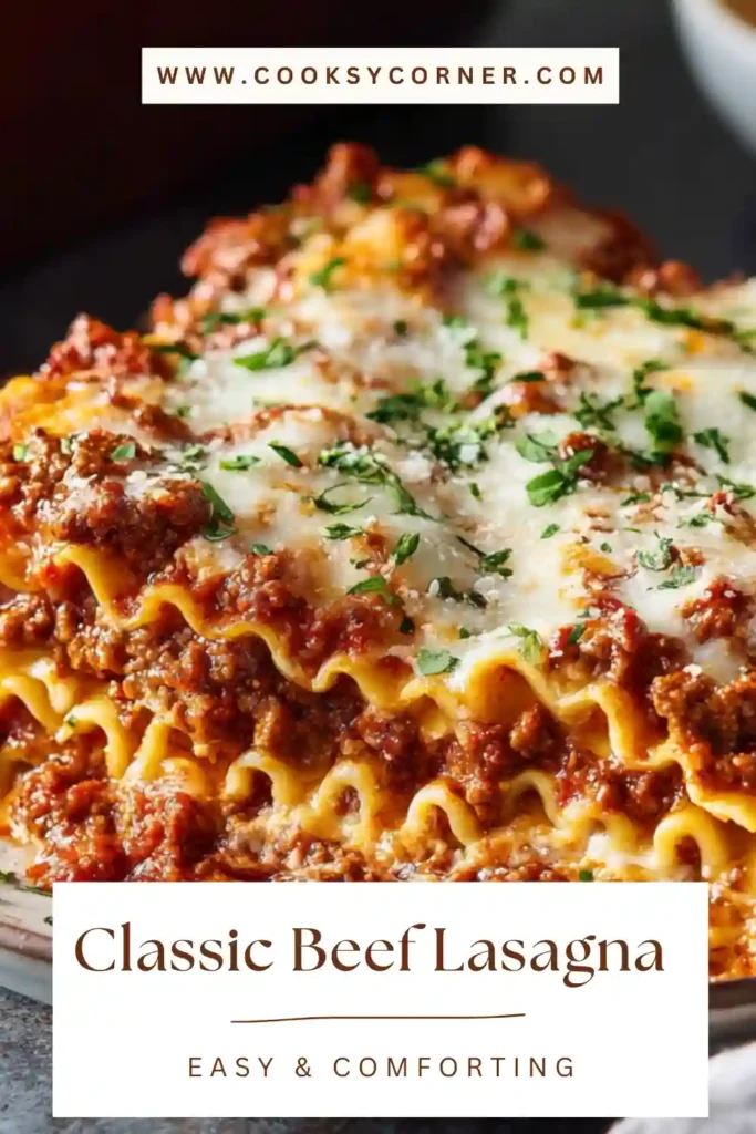 A serving of Best Classic Beef Lasagna Recipe showing thick layers of pasta, savory beef sauce, ricotta mixture, and melted mozzarella topping.