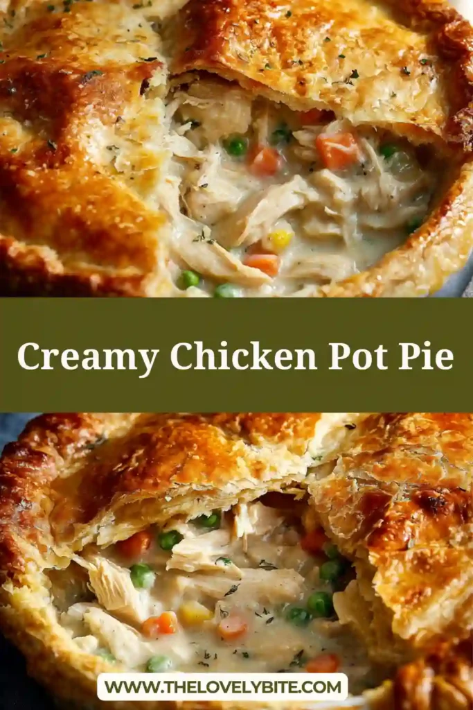 A freshly baked creamy chicken pot pie with golden puff pastry crust. The filling is packed with tender chicken, carrots, and potatoes in a rich creamy sauce.