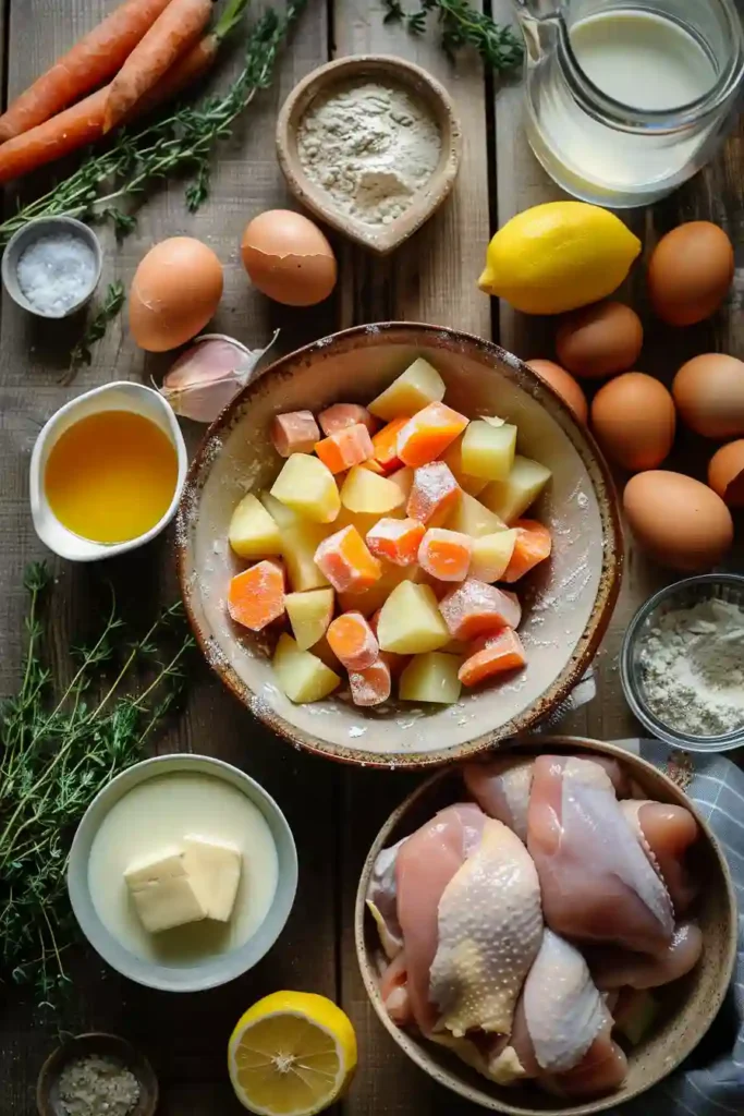 Golden baked chicken pot pie with puff pastry crust filled with creamy chicken, carrots, and potatoes.
