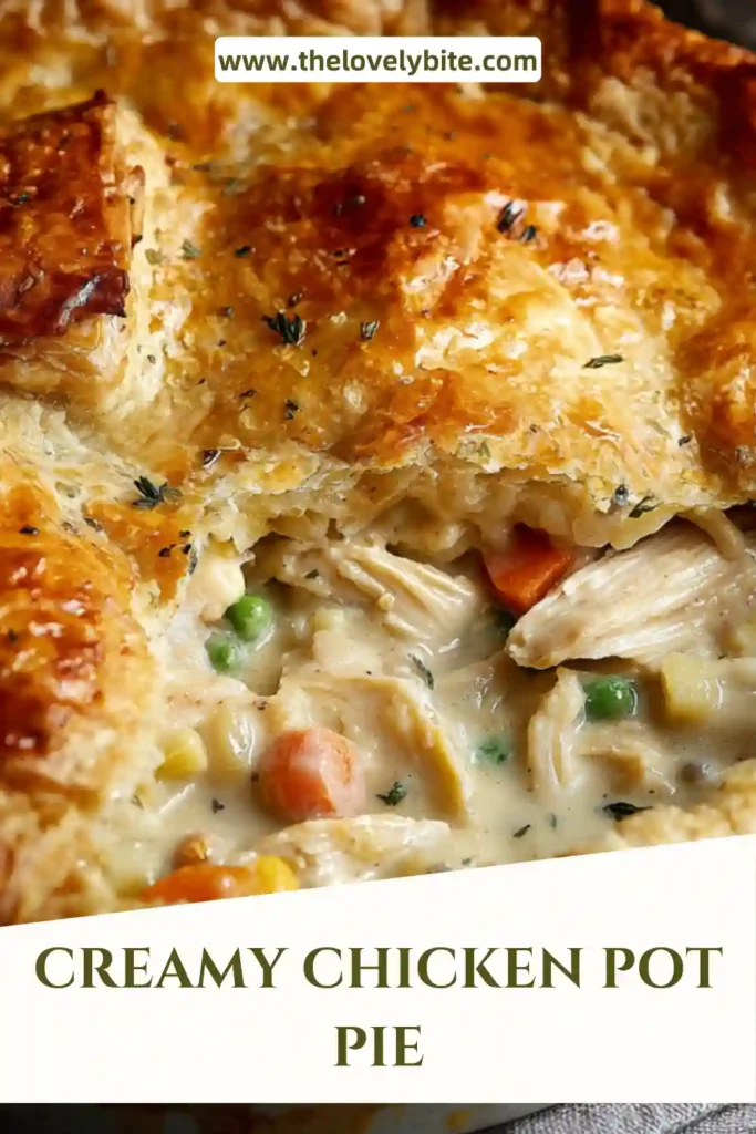Homemade creamy chicken pot pie sliced open to reveal a hearty filling of chicken and vegetables under flaky puff pastry crust.