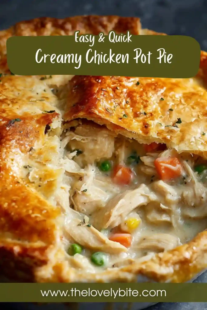 Close-up of creamy chicken pot pie served in a dish with flaky pastry topping and rich chicken and vegetable filling.