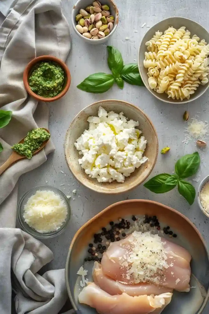 High protein creamy cottage cheese pesto pasta plated with grilled chicken and fresh parmesan. The sauce looks silky and green with basil pesto.