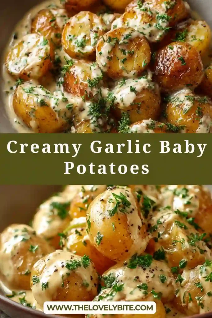 Creamy Garlic Baby Potatoes served in a skillet with parsley garnish and rich Parmesan sauce coating each potato.