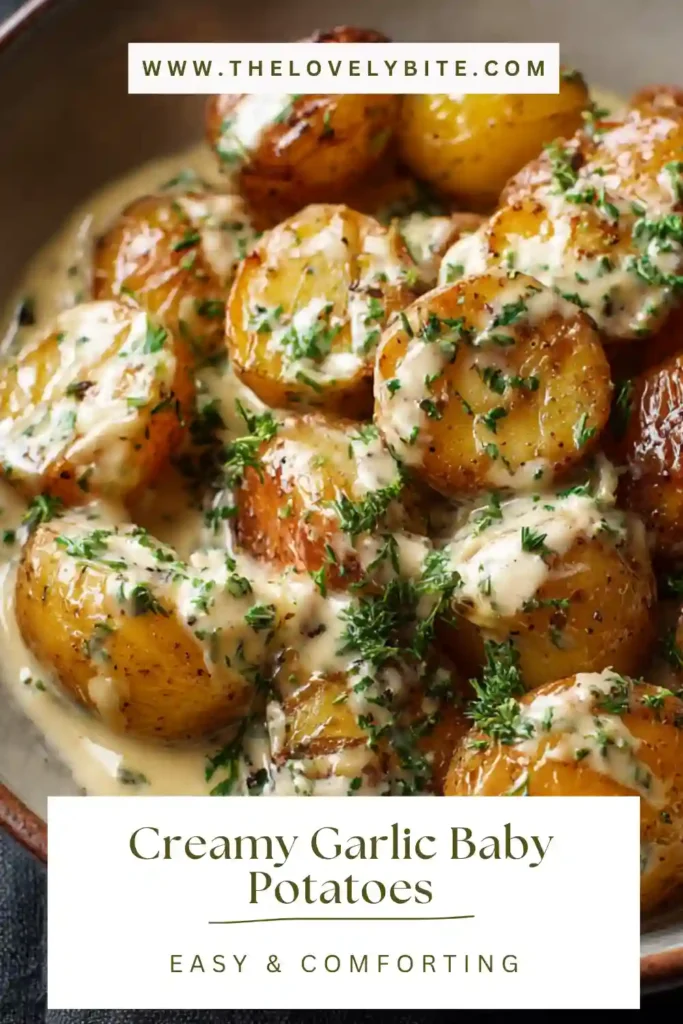 Close-up of baby potatoes in creamy garlic sauce with melted Parmesan and herbs.