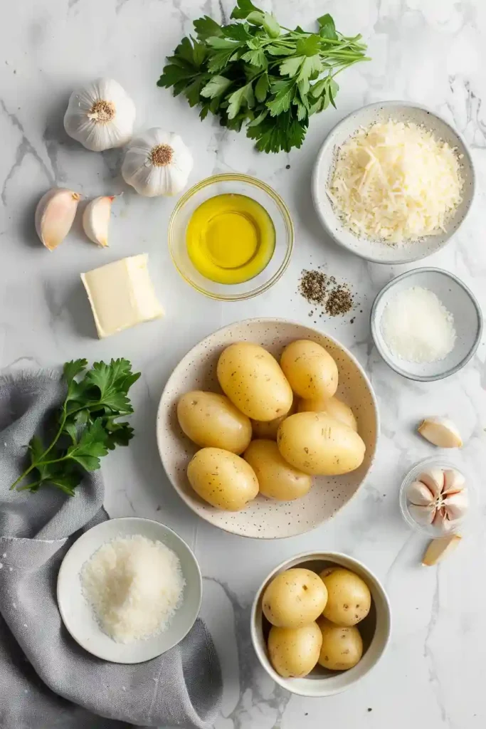 A pan of creamy garlic baby potatoes with smooth, rich sauce and visible herbs.