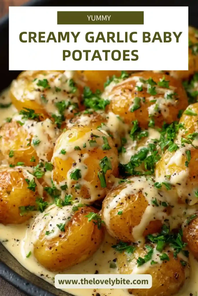 Golden baby potatoes tossed in thick garlic cream sauce, garnished with fresh parsley.