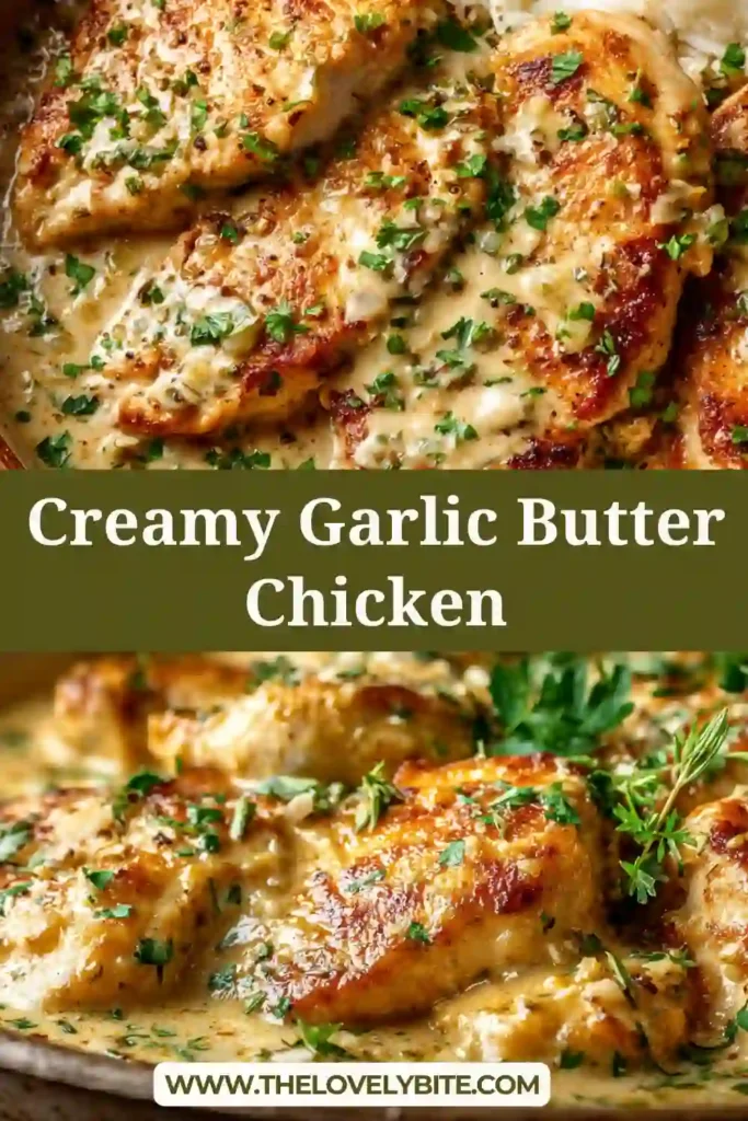 Creamy Garlic Butter Chicken served in a skillet with a rich garlic Parmesan cream sauce and fresh parsley on top. Tender golden chicken breasts are coated in a smooth, savory sauce.