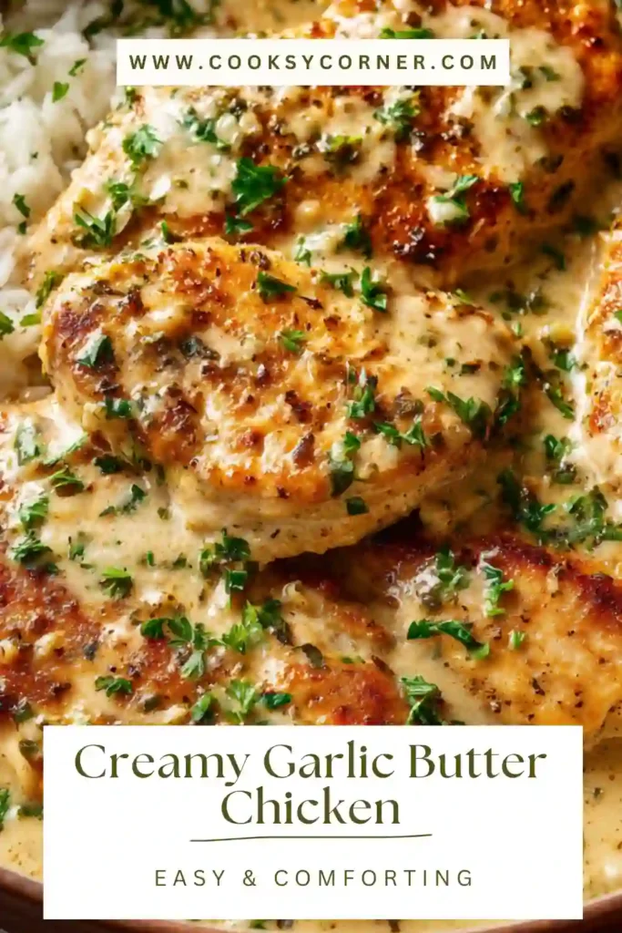 Close-up of Creamy Garlic Butter Chicken with a thick garlic cream sauce and grated Parmesan. This easy one pan chicken dinner looks rich, creamy, and comforting.