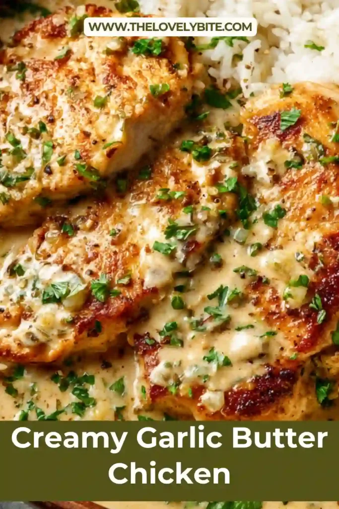 Pan-seared chicken breasts simmered in creamy garlic butter sauce with herbs and Parmesan cheese. A delicious homemade creamy chicken skillet meal.