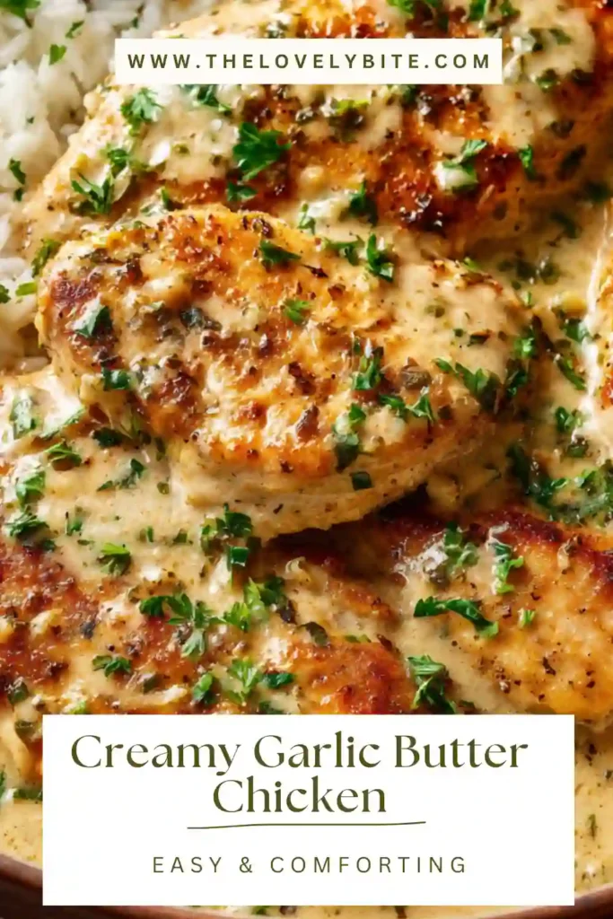 Close-up of Creamy Garlic Butter Chicken with a thick garlic cream sauce and grated Parmesan. This easy one pan chicken dinner looks rich, creamy, and comforting.