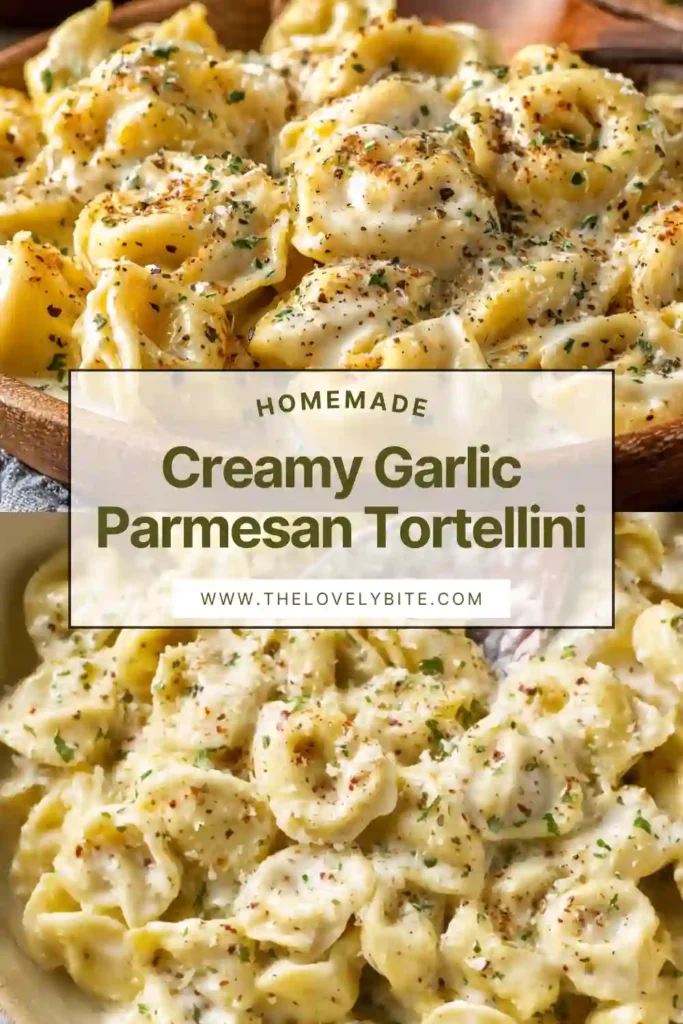 Creamy Garlic Parmesan Tortellini served in a skillet with rich, velvety sauce coating tender pasta. The dish looks creamy and comforting.