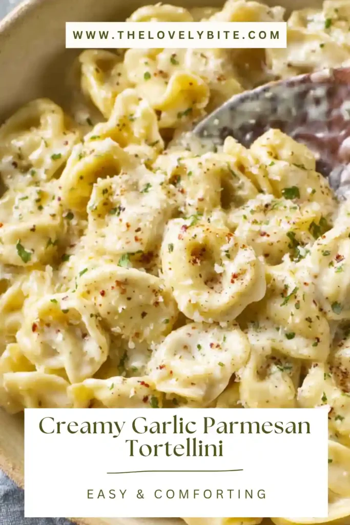 Close-up of Creamy Garlic Parmesan Tortellini with melted cheese and garlic sauce, showcasing its smooth texture.