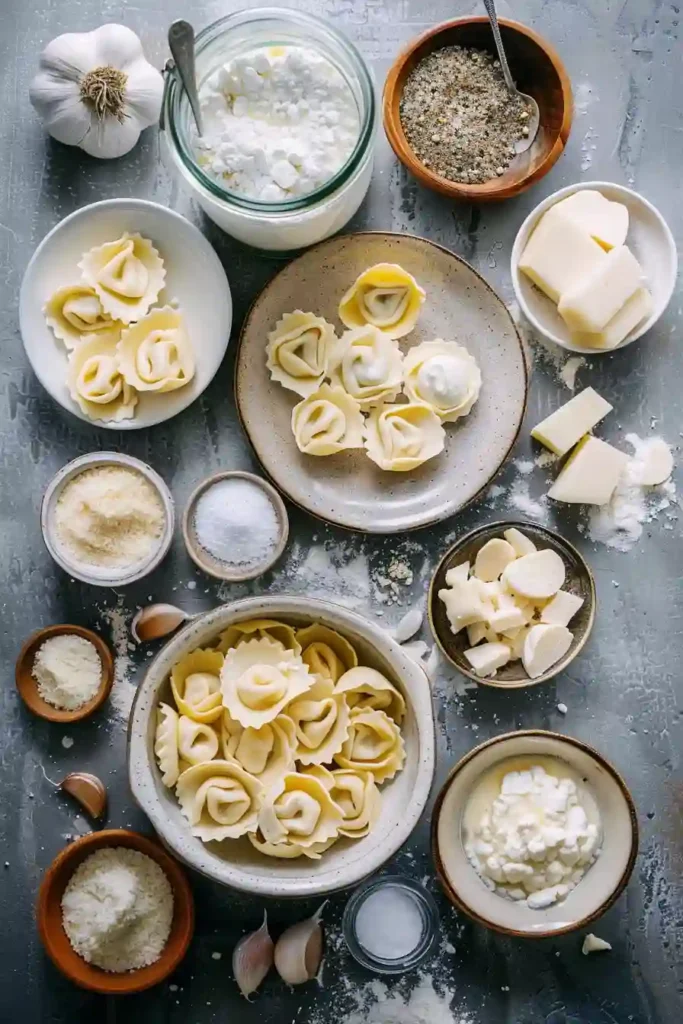 Freshly cooked Creamy Garlic Parmesan Tortellini in a pan with thick, cheesy garlic sauce and soft pasta.