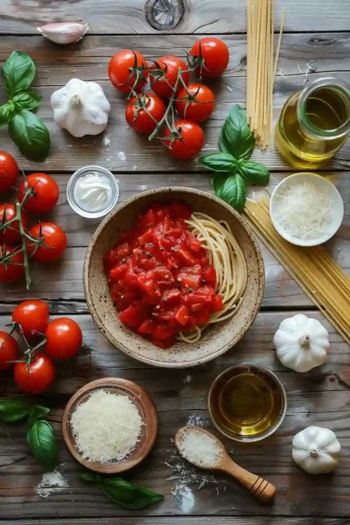 A bowl of creamy tomato garlic pasta topped with fresh basil and grated Parmesan. The pasta is coated in a rich tomato cream sauce with visible garlic and herbs.