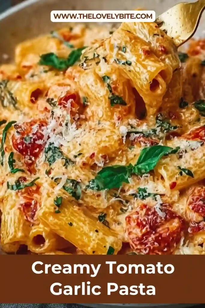 Creamy tomato garlic pasta served in a bowl with fresh basil garnish. The silky tomato cream sauce coats every strand of spaghetti.