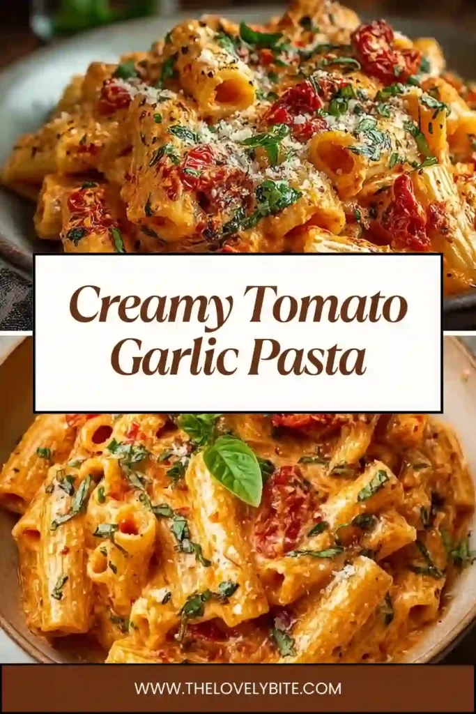 Close-up of creamy tomato garlic pasta with fresh tomatoes, garlic, and basil. The pasta appears rich, smooth, and comforting.