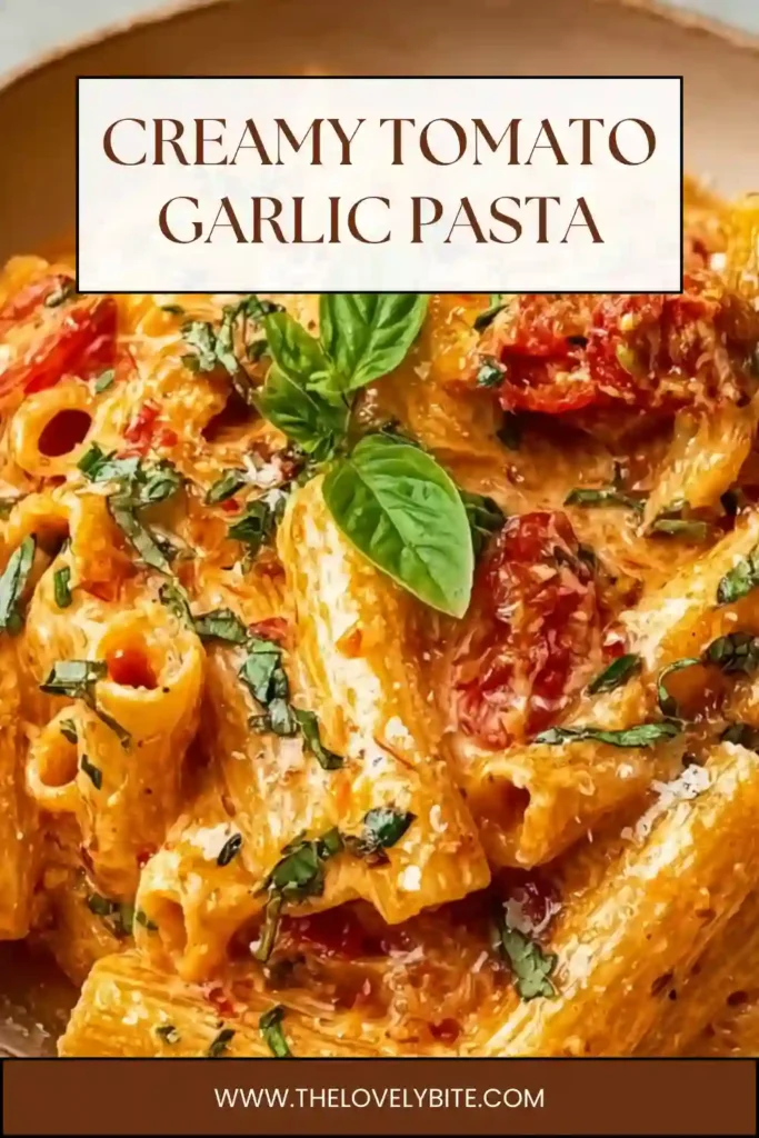 Freshly cooked creamy tomato garlic pasta with Parmesan and basil. A simple vegetarian pasta dish with a creamy tomato sauce.