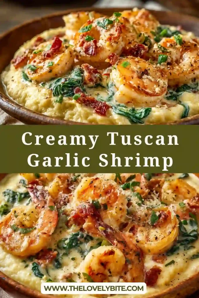 Creamy Tuscan Garlic Shrimp in a skillet with spinach and sun-dried tomatoes in a rich parmesan sauce. The shrimp are tender and coated in a creamy garlic mixture.