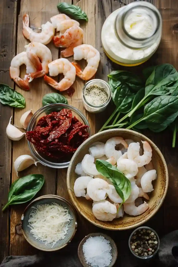 Delicious creamy shrimp dish with garlic, spinach, and sun-dried tomatoes in a thick parmesan sauce.