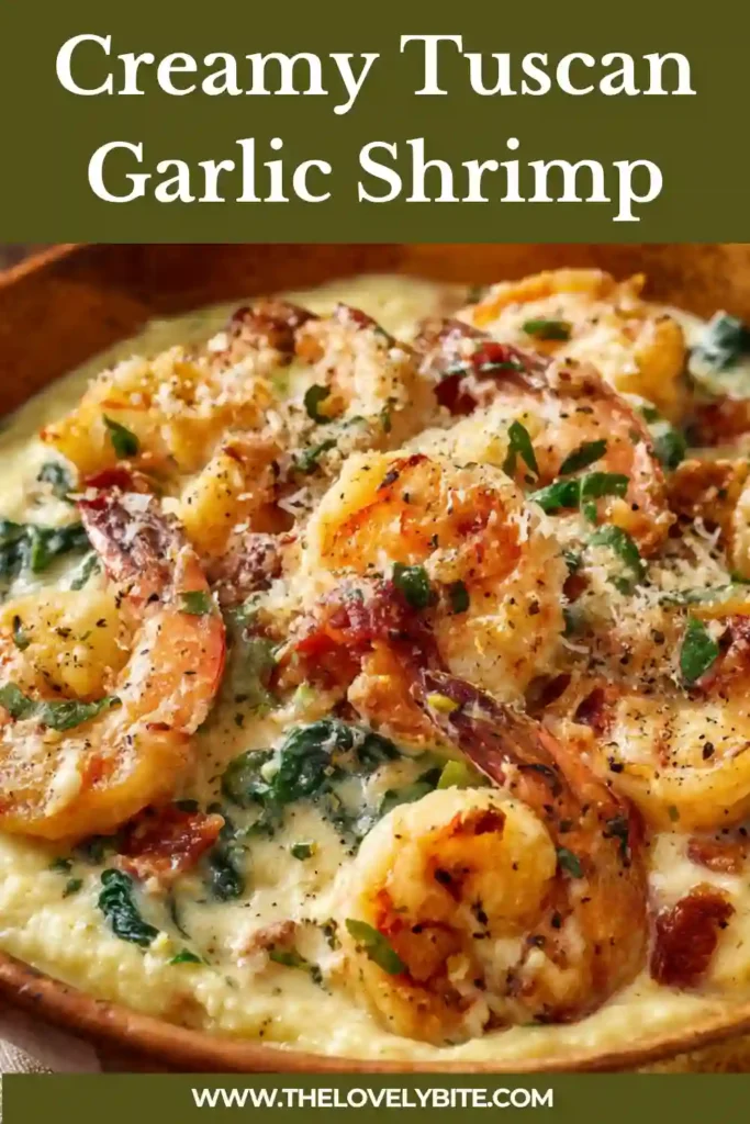 Close-up of creamy garlic shrimp with spinach and parmesan sauce, showcasing rich texture and vibrant Tuscan flavors.