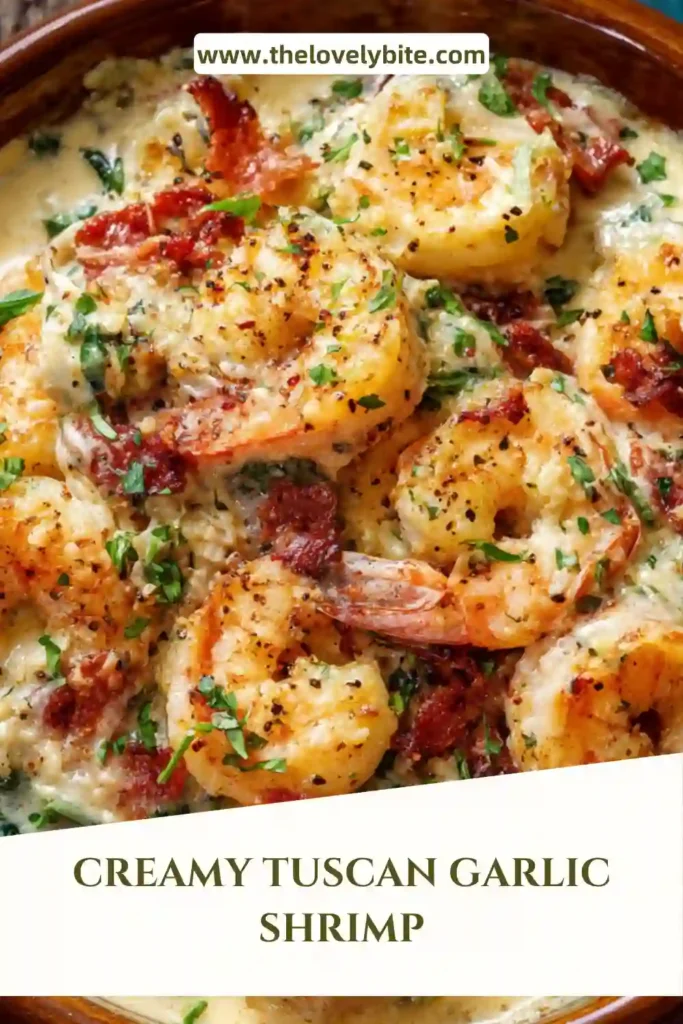 A pan of Creamy Tuscan Garlic Shrimp served with pasta, featuring a velvety cream sauce and fresh basil garnish.