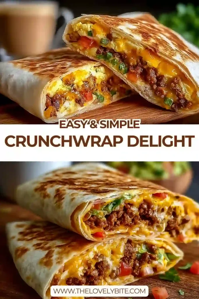 A crispy Easy Breakfast Crunchwrap filled with fluffy scrambled eggs, melted cheddar cheese, beef sausage, and diced vegetables inside a toasted tortilla. The wrap is golden brown and sliced to reveal its hearty breakfast filling.
