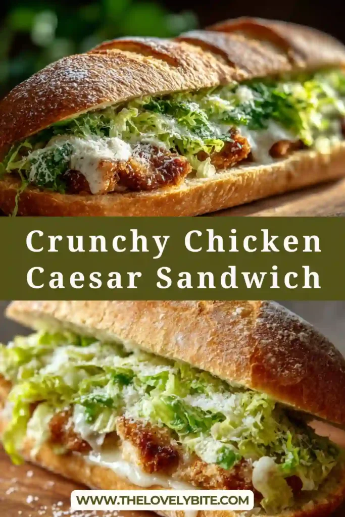 Close-up of a crispy chicken caesar sandwich showing layers of crunchy chicken, creamy dressing, and fresh lettuce in a toasted roll.