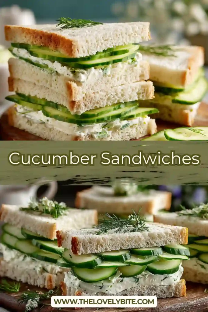 Classic cucumber sandwiches made with cream cheese and fresh dill layered between soft crustless bread. These elegant tea sandwiches are served as small finger sandwiches perfect for afternoon tea.