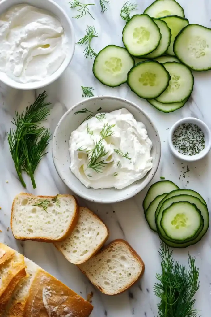 Fresh classic cucumber sandwiches cut into triangles with creamy dill spread and crisp cucumbers inside soft bread.