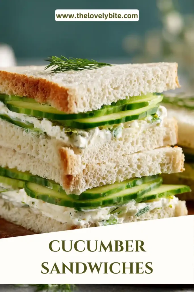 Close-up of cream cheese cucumber sandwiches with thin cucumber slices and fresh dill on white bread. A light and refreshing tea sandwich recipe.