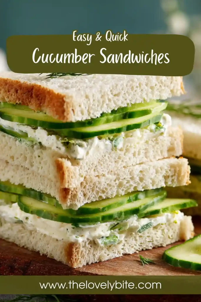 Traditional cucumber tea sandwiches arranged on a serving platter with fresh herbs and thin cucumber layers. Perfect for afternoon tea or brunch.
