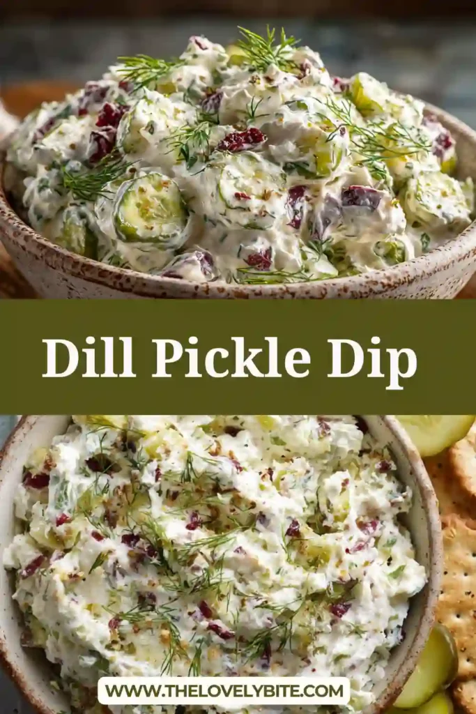 A creamy dill pickle dip served in a bowl with crackers on the side, showcasing its rich texture and tangy flavor.