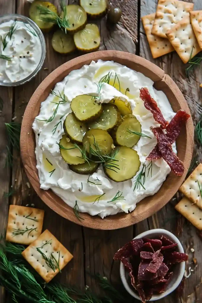 Thick and creamy dill pickle dip in a serving bowl, ideal for parties and appetizers.