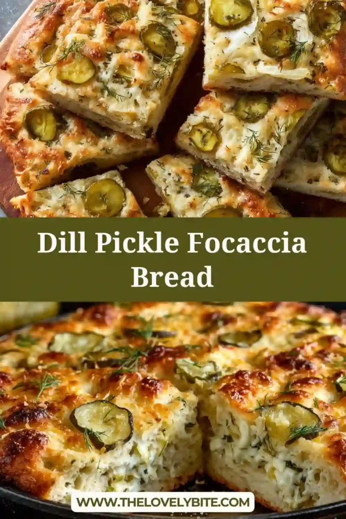 Dill Pickle Focaccia Bread fresh from the oven with melted cheese and golden crust. The fluffy texture and pickle topping create a savory and tangy dish.