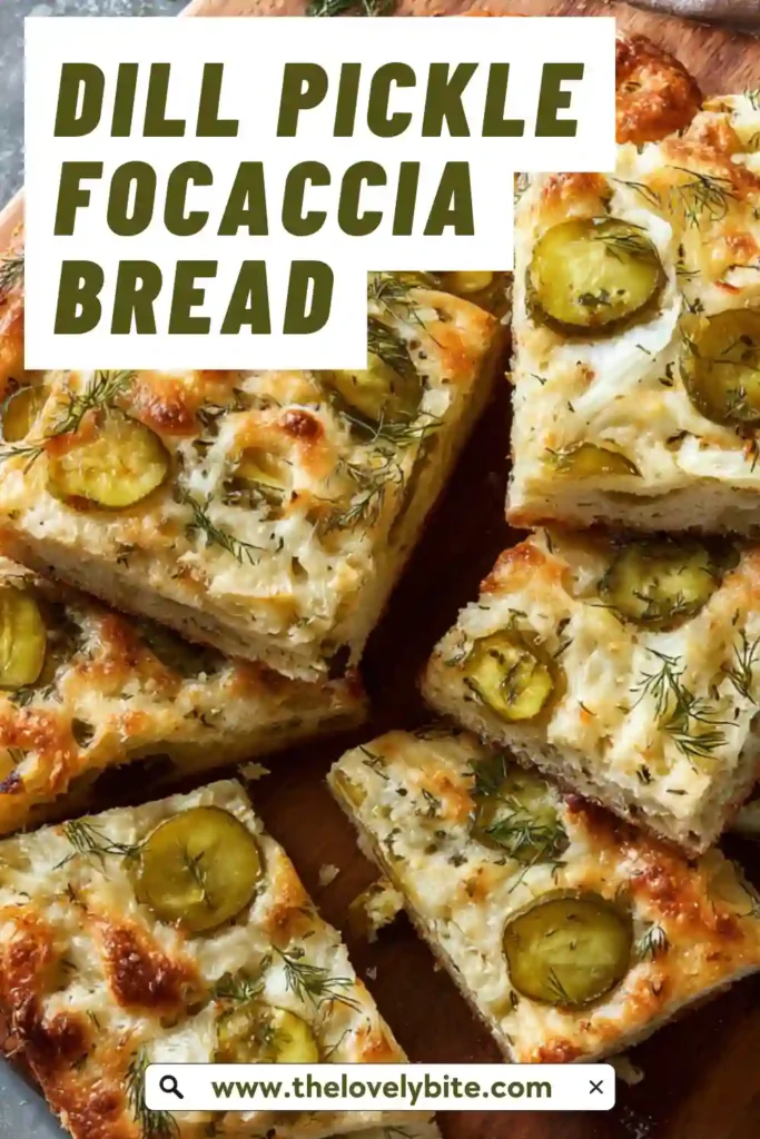 Homemade Dill Pickle Focaccia Bread topped with sliced pickles, mozzarella cheese, and fresh dill. A crispy crust with soft interior.