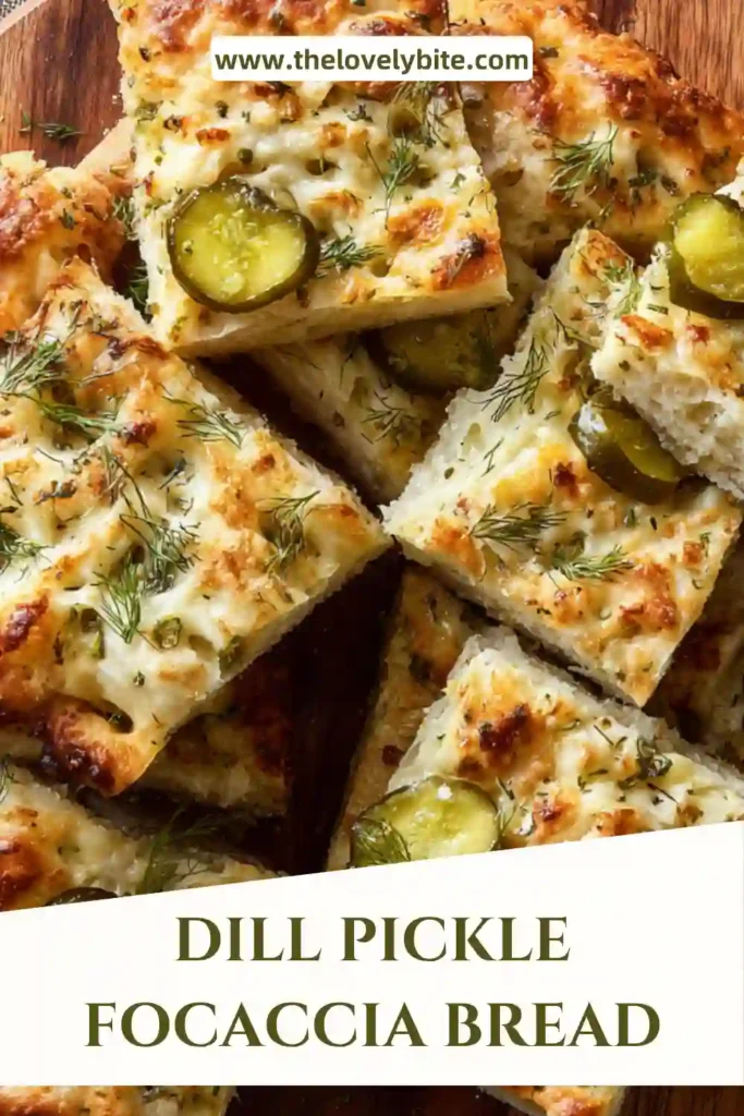 Close-up of Dill Pickle Focaccia Bread showing bubbly cheese and tangy pickle slices baked into soft bread.