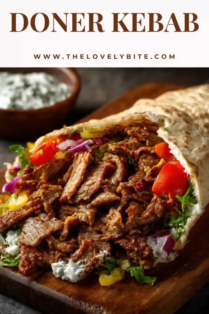 A close up of a viral doner kebab wrap filled with seasoned beef, roasted vegetables, and sauce in soft lavash bread