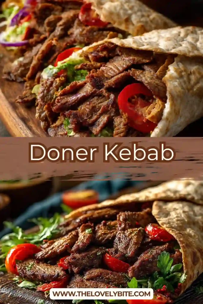 Homemade viral doner kebab recipe served with tomatoes, peppers, and sumac onions showing rich texture