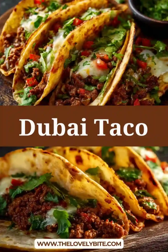 A plate of Dubai tacos filled with spiced ground beef, melted Monterey Jack cheese, and fresh cilantro. Lime wedges and creamy labneh on the side complete this warm and flavorful Dubai Taco Recipe.