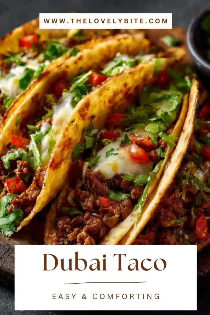 Close-up of a Dubai Taco Recipe made with crispy seasoned beef, soft flour tortillas, and shredded cheese. The tacos are topped with cilantro and served with lime for a fresh, savory finish.