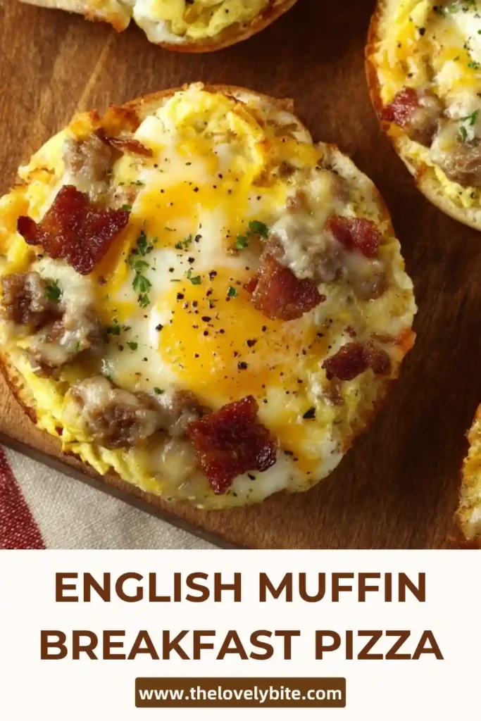 Freshly baked breakfast pizza on English muffins with sausage, eggs, and golden melted cheese.