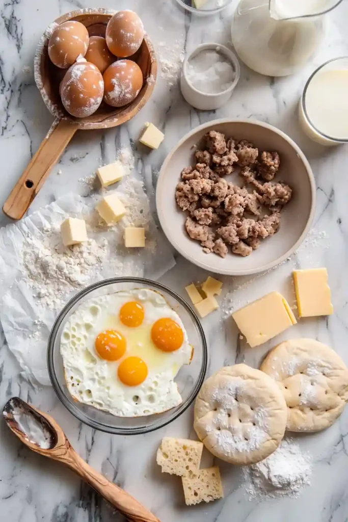 Homemade English Muffin Breakfast Pizza served warm with rich gravy and savory toppings.