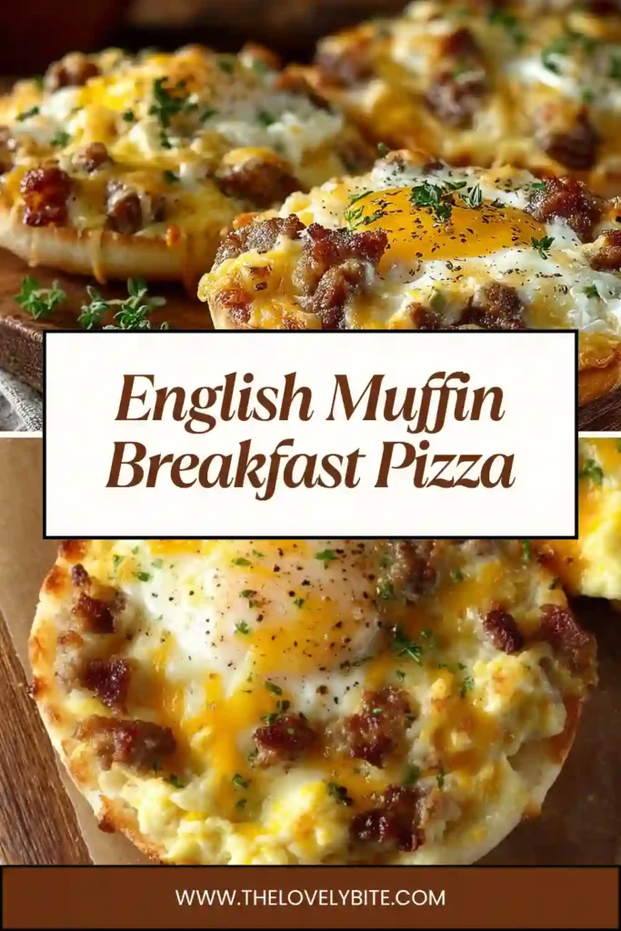 Close-up of a cheesy English Muffin Breakfast Pizza with fluffy eggs and creamy sawmill gravy.