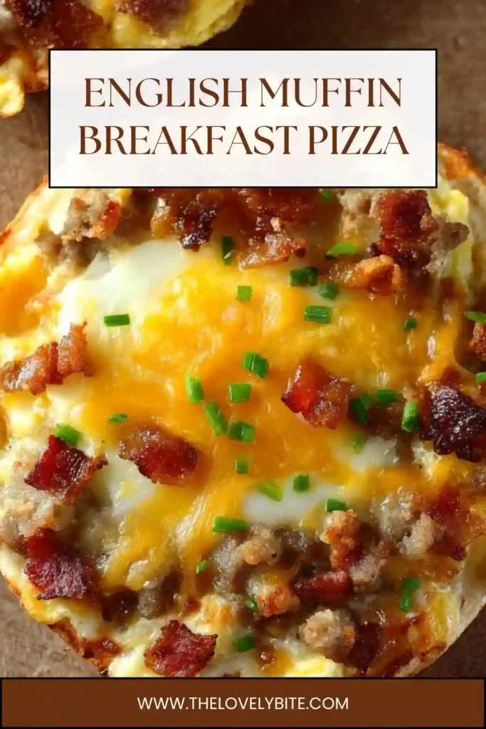 English Muffin Breakfast Pizza topped with scrambled eggs, beef sausage, gravy, and melted cheddar cheese on a crispy toasted base.