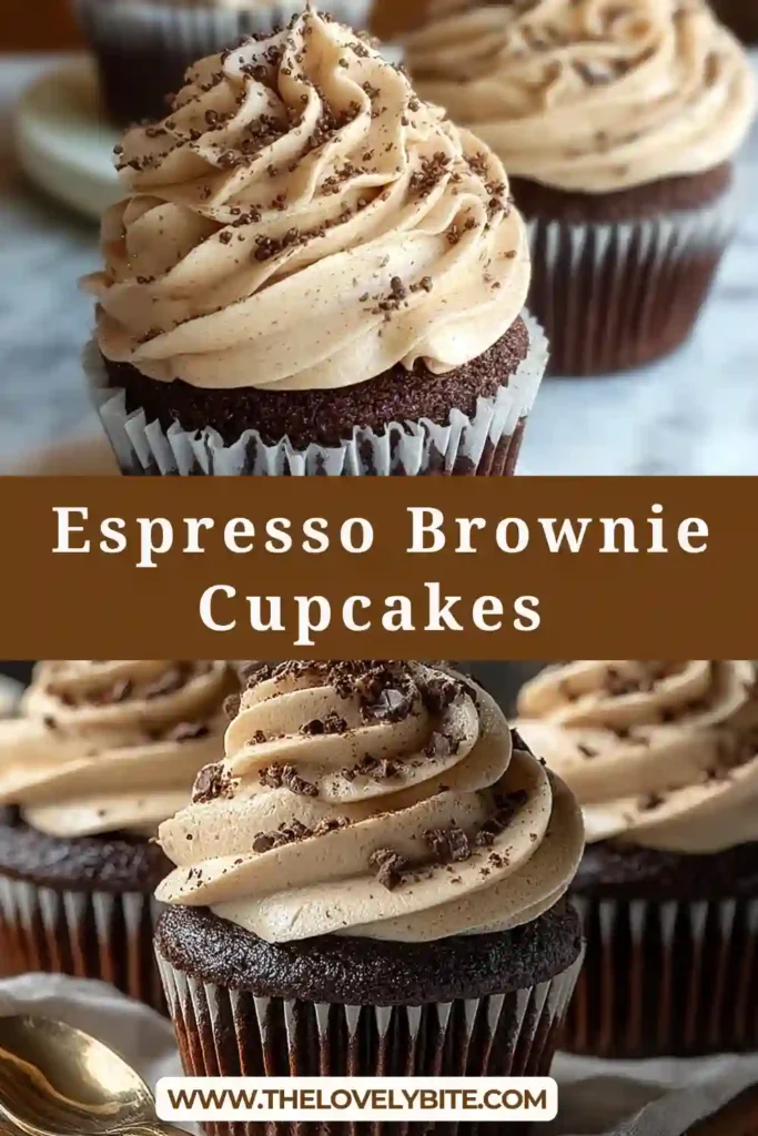 Espresso brownie cupcakes topped with creamy coffee buttercream and chocolate shavings on a tray. Rich chocolate texture with a soft, moist crumb visible.