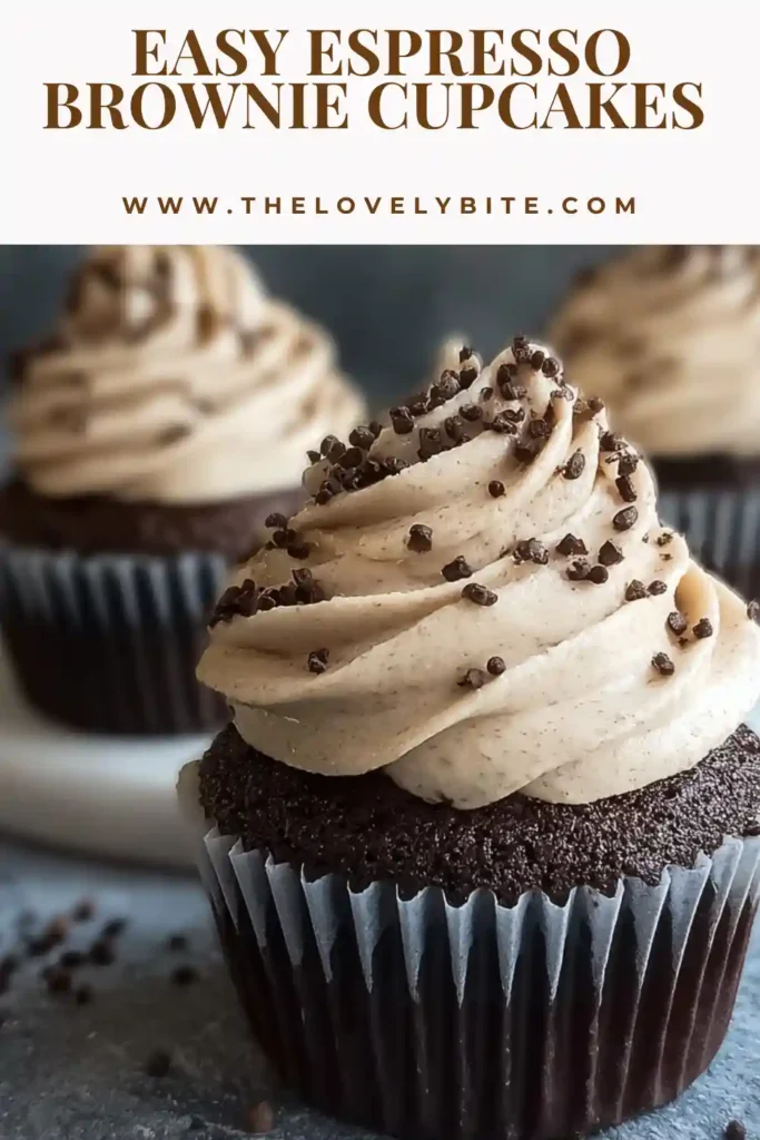 Close-up of espresso brownie cupcakes with swirled coffee frosting and espresso beans garnish. Deep cocoa color and smooth buttercream finish.