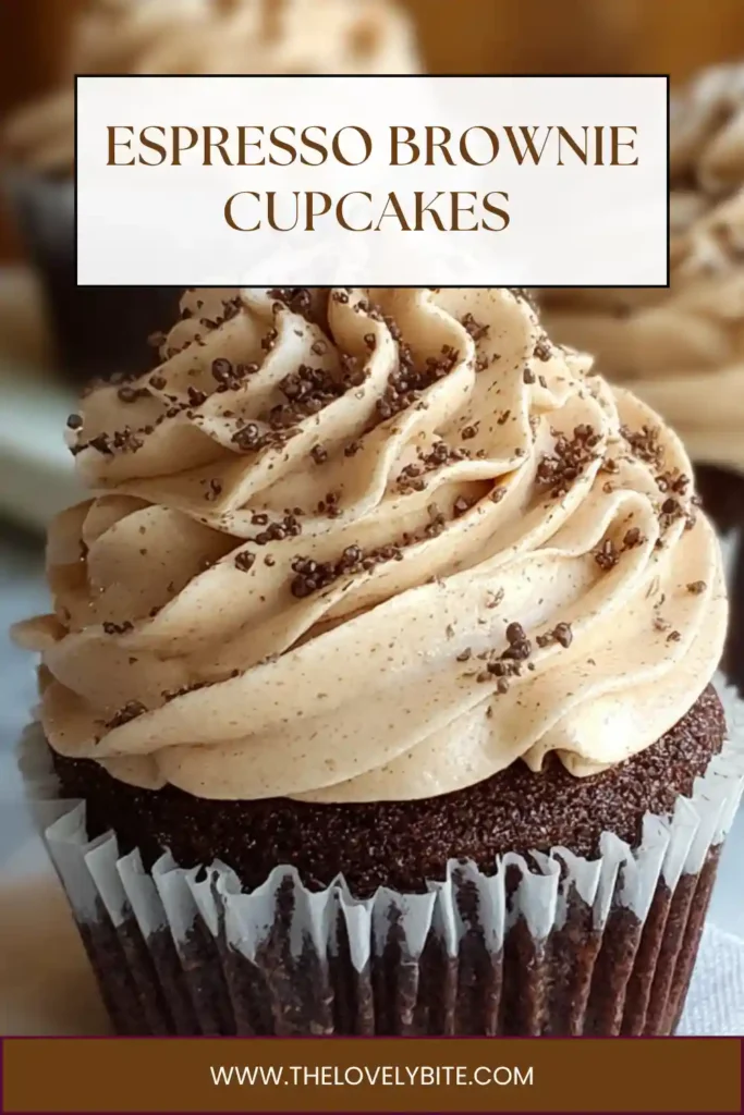 Homemade espresso brownie cupcakes arranged on a plate with dusted cocoa powder and coffee buttercream topping. Perfect dessert presentation.