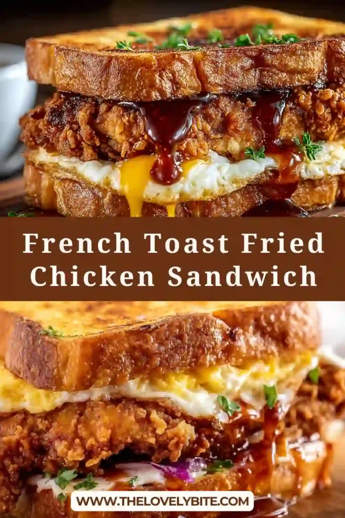 A French Toast Fried Chicken Sandwich stacked with crispy golden chicken between two thick slices of buttery French toast. Maple syrup is drizzled over the top for a sweet and savory brunch presentation.